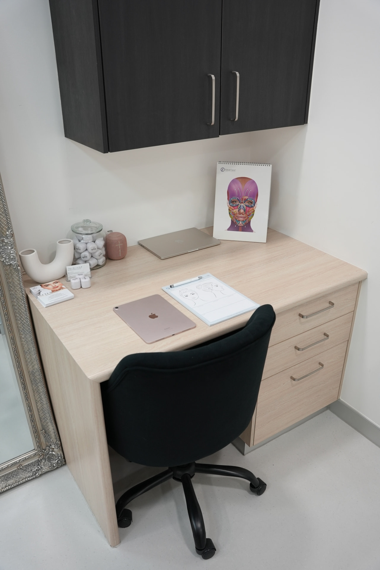 Facial anatomy chart and assessment notes on the consultation desk