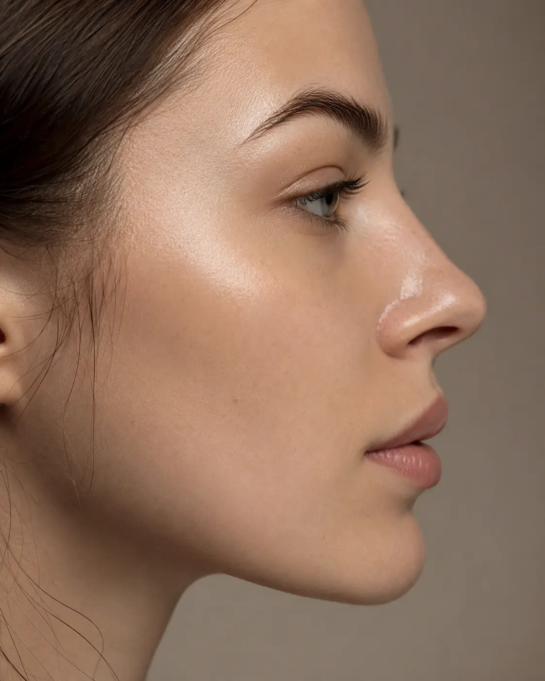 Editorial portrait illustrating chin & profile assessment